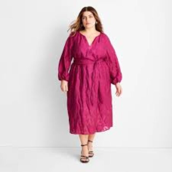 Future Collective x Jenny K. Lopez Puff-Sleeve Belted Midi Dress – Maroon / Deep - Picture 1 of 2